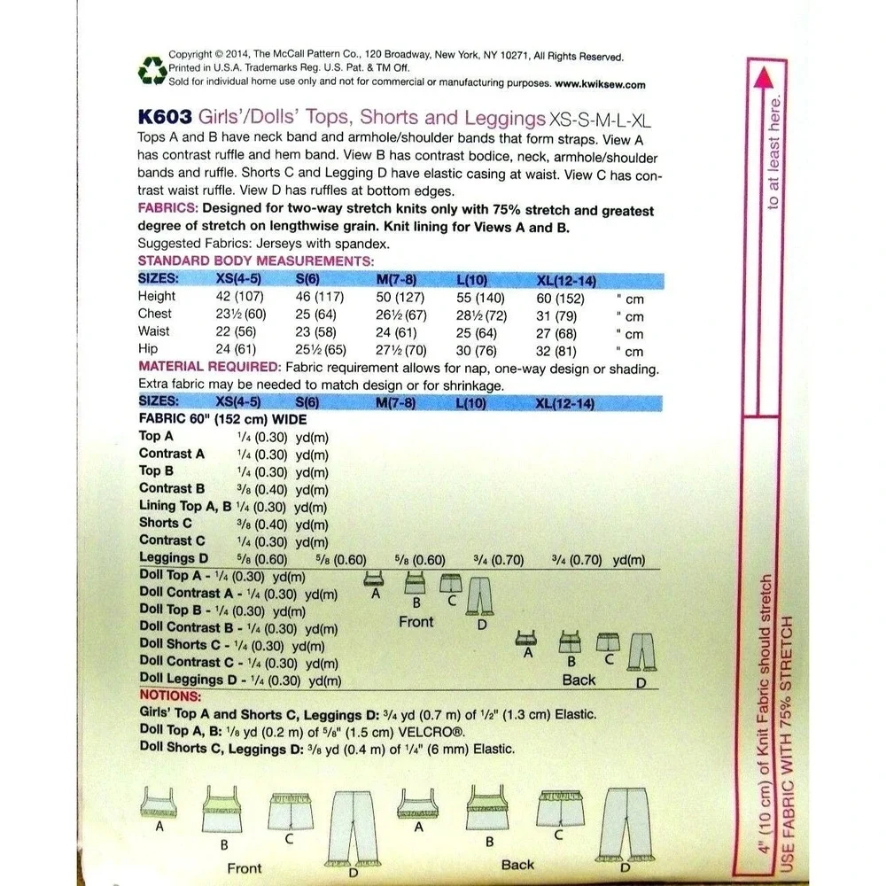 Kwik Sew Sewing Pattern K603 MADE TO MATCH Girl and Doll Clothes Size XS-XL‎